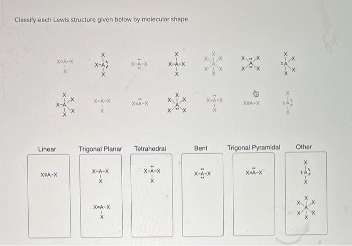 Classify each lewis structure given below by molecular shape.